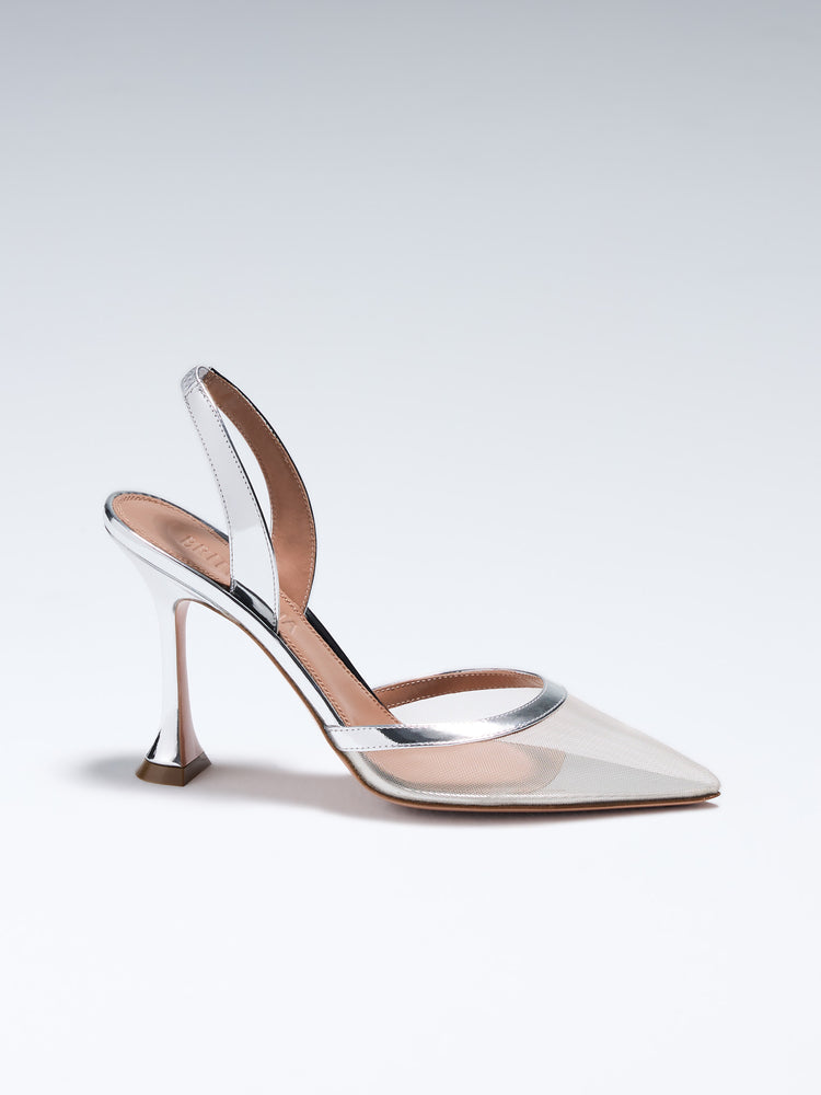 Hand-crafted in Italy, the Esme (“Esme”) slingback features a mirrored silver leather and is set upon our custom 95mm heel designed for your comfort. Esme is accented with our signature mesh upper that gently molds to your foot and leaves you with an almost-naked effect to compliment any outfit.