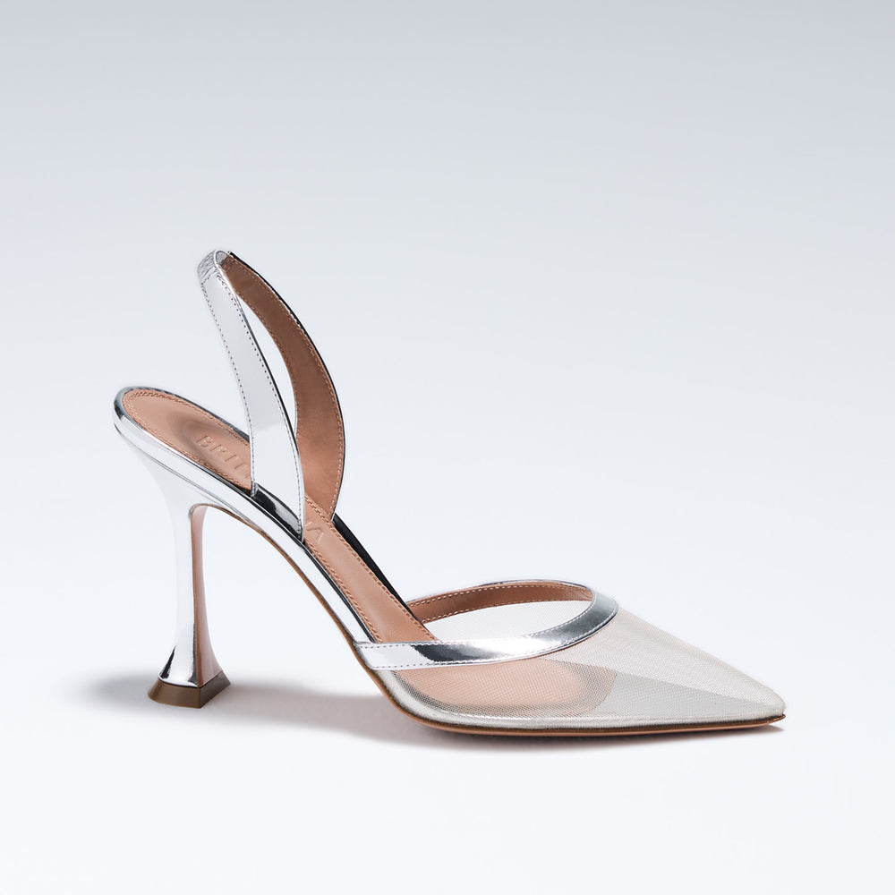 Hand-crafted in Italy, the Esme (“Esme”) slingback features a mirrored silver leather and is set upon our custom 95mm heel designed for your comfort. Esme is accented with our signature mesh upper that gently molds to your foot and leaves you with an almost-naked effect to compliment any outfit.